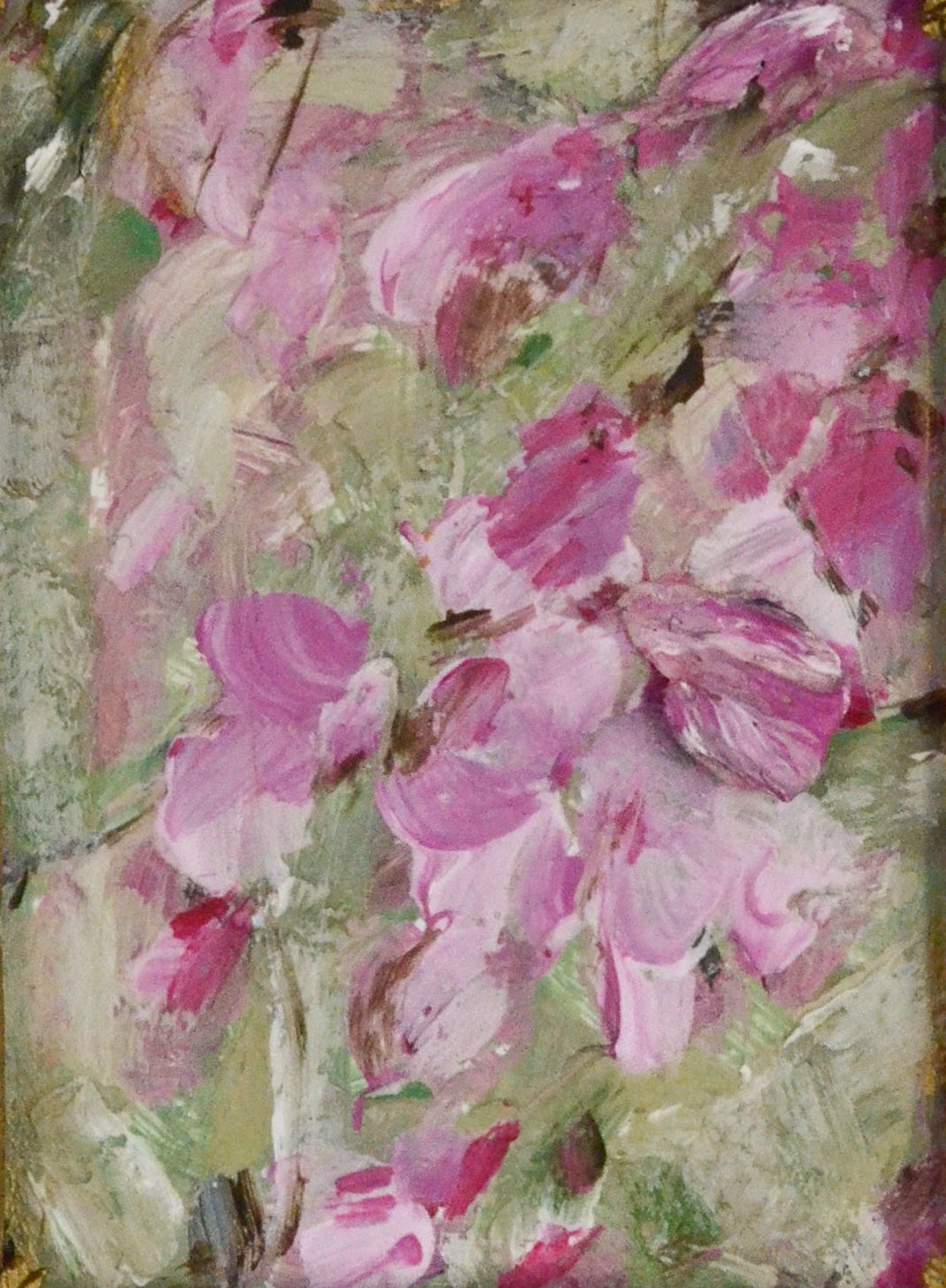 Framed artwork with pink floral design on a white background