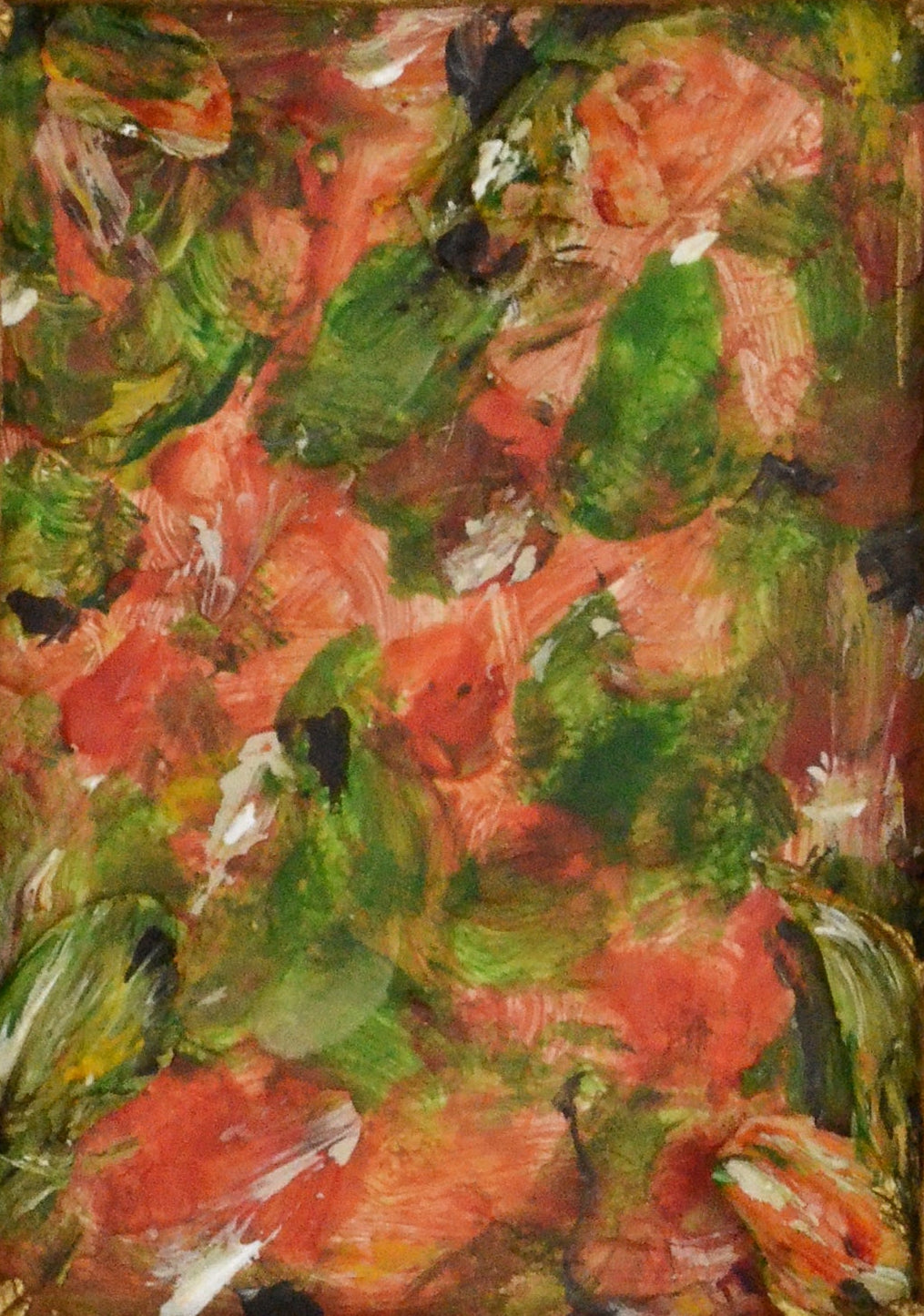 Abstract painting with a mix of green, red, and orange colors.