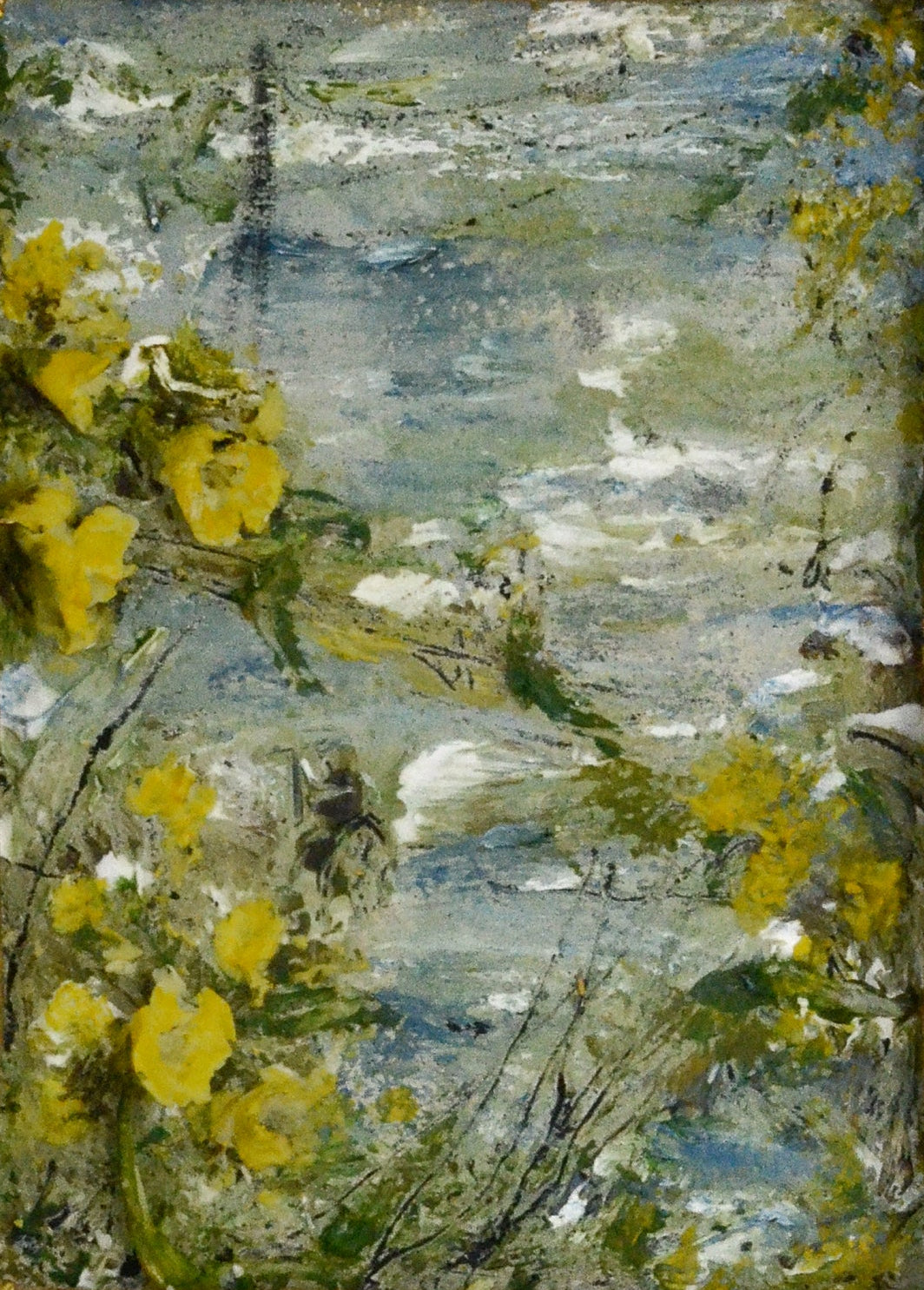 Framed painting with a gold frame on a white wall