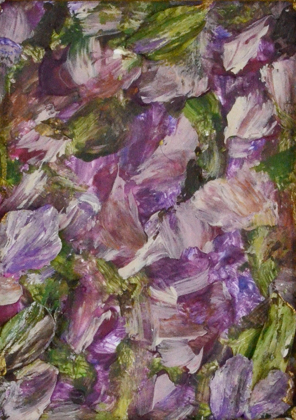 Framed artwork of purple flowers with a gold frame on a white background