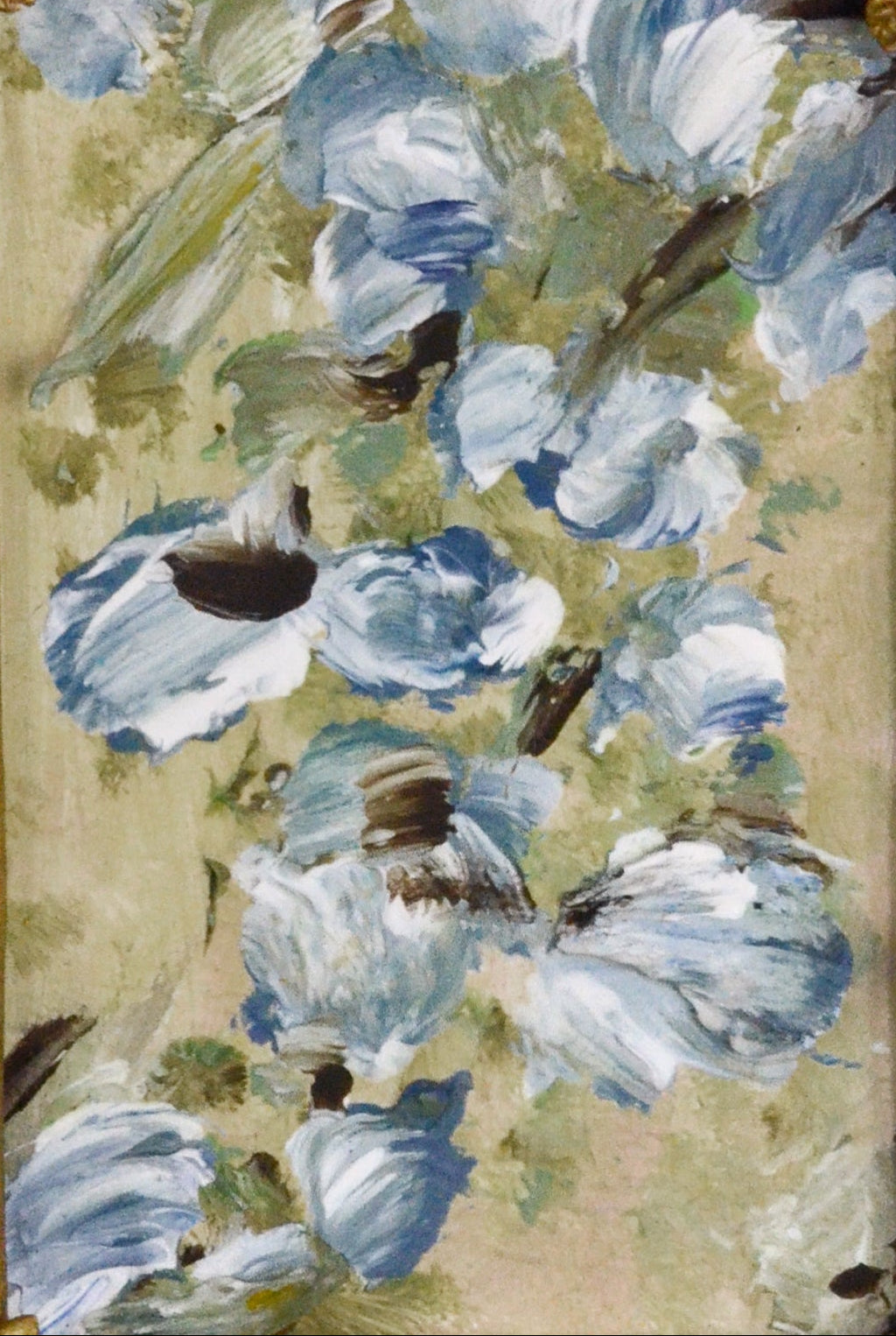 Decorative painting with blue flowers and a gold frame on a white background