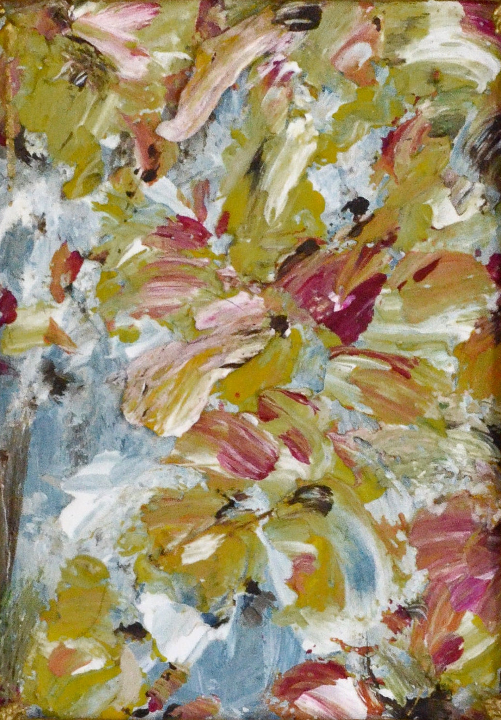 Framed abstract painting with floral patterns on a white wall