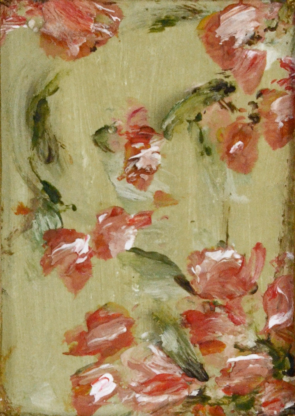 Decorative painting with floral design in a gold frame on a white background