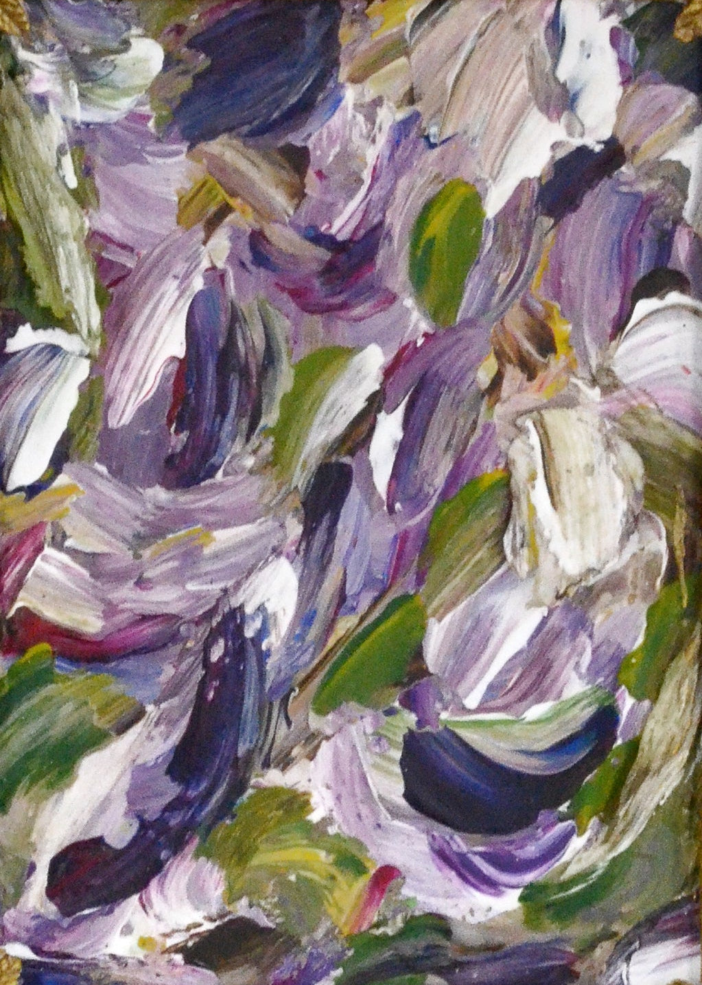 Framed abstract painting with gold frame on a white background